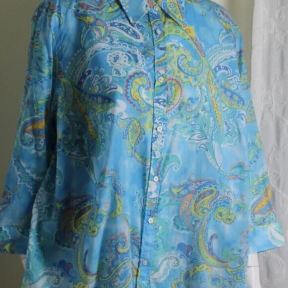 Ralph Lauren Paisley Lightweight Blue and‎ Green Cotton Blouse Top Size 2XL